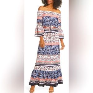 Eliza J Off Shoulder 1/2 Bell Sleeves Floral Paisley Maxi Dress w Tie Waist